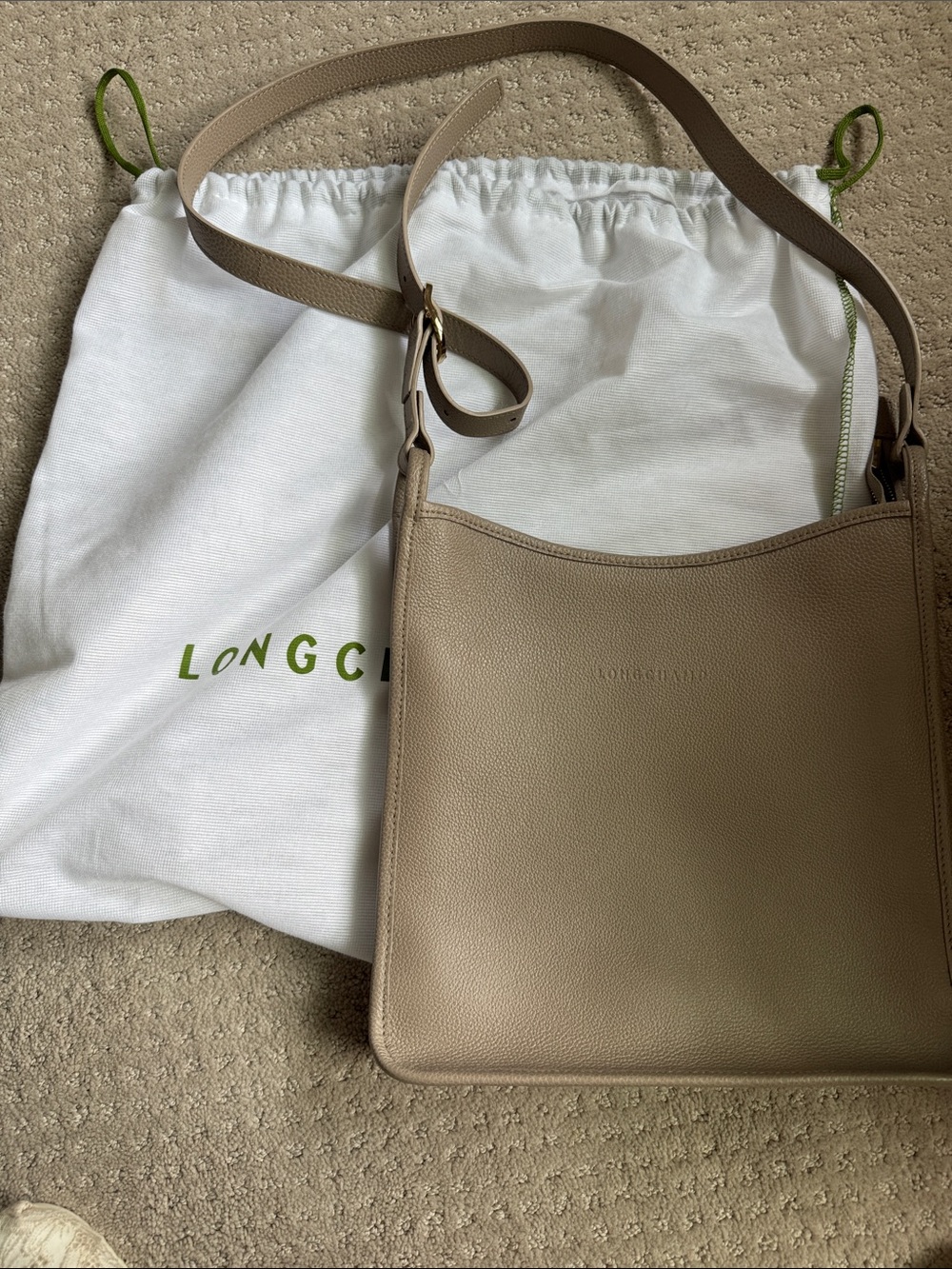 Longchamp Medium Taupe Pebbled Leather Shoulder Bag - Le Foulonne Crossbody